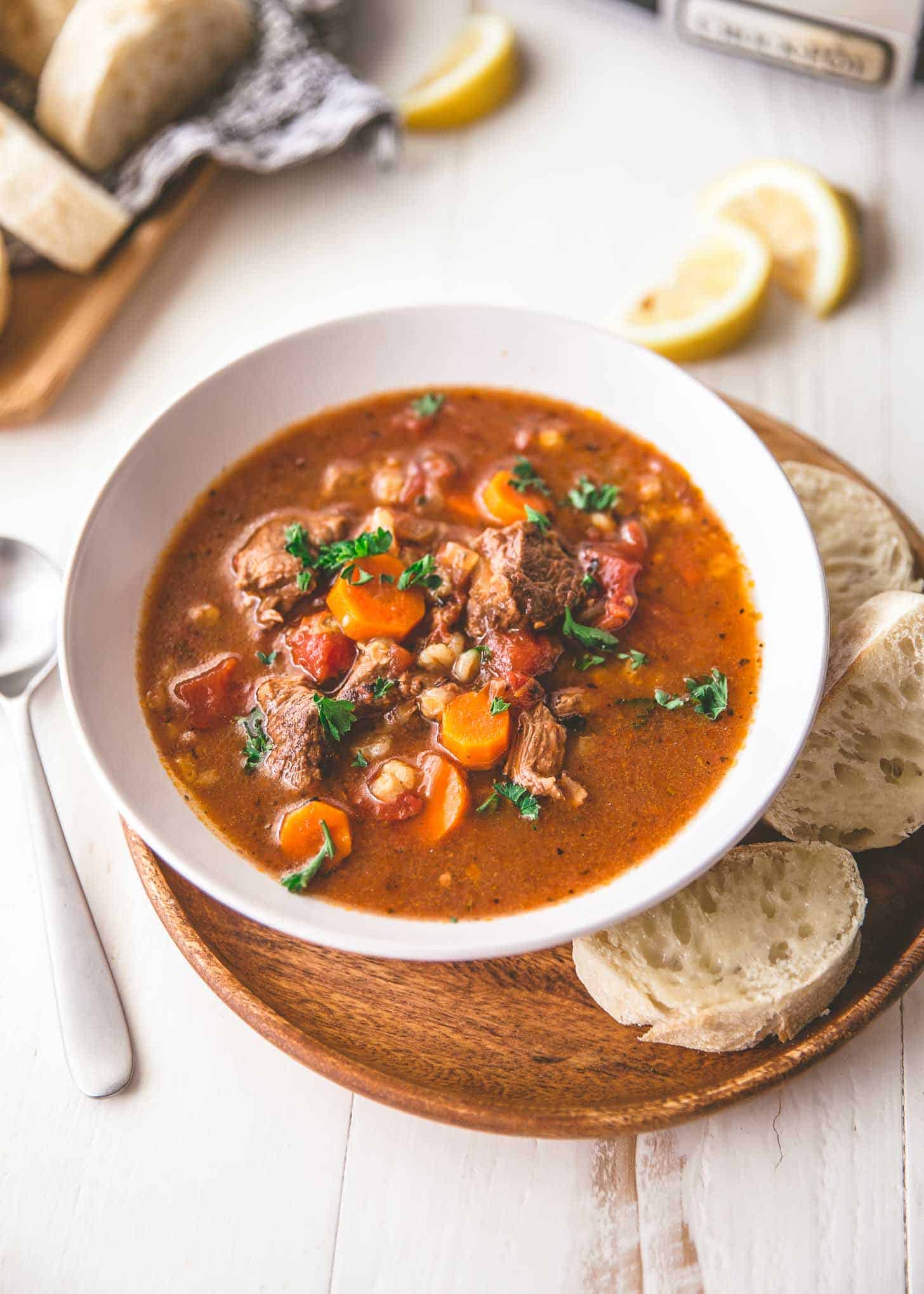 Slow Cooker Beef and Barley Soup from Inquiring Chef on foodiecrush.com