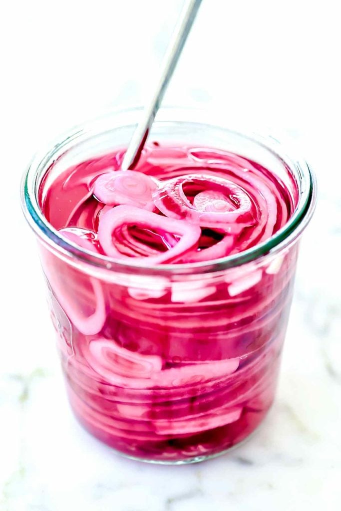 How to Make Quick Pickled Onions | foodiecrush.com #pickled #onions #quick #vinegar #recipe #Mexican