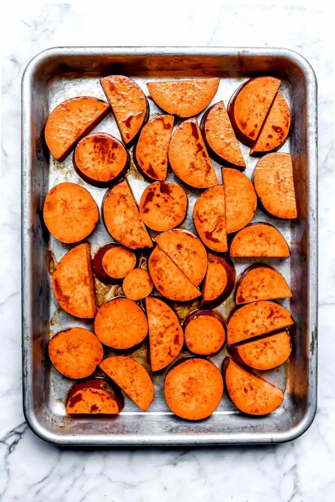 Roasted Sweet Potatoes on a sheet pan | foodiecrush.com