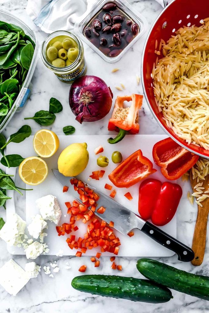 Ingredients Mediterranean Orzo Salad foodiecrush.com #salad #orzo #olives #mediterannean #pasta #pastasalad #healthy #recipes