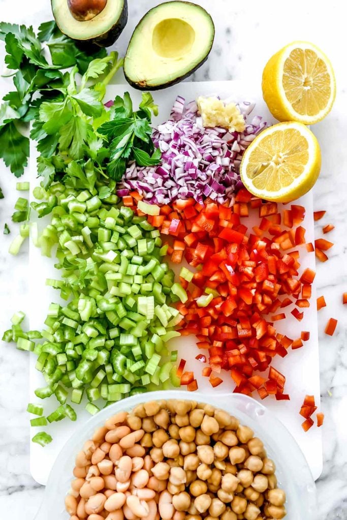 Ingredients Mediterranean Chickpea Salad Stuffed Avocados | foodiecrush.com #avocados #mediterranean #salad #chickpeas