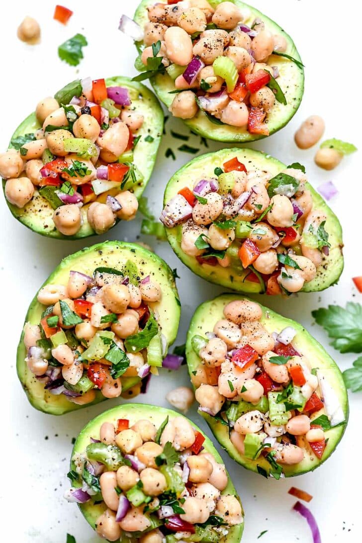 Mediterranean Chickpea Salad Stuffed Avocados | foodiecrush.com #avocados #mediterranean #salad #chickpeas