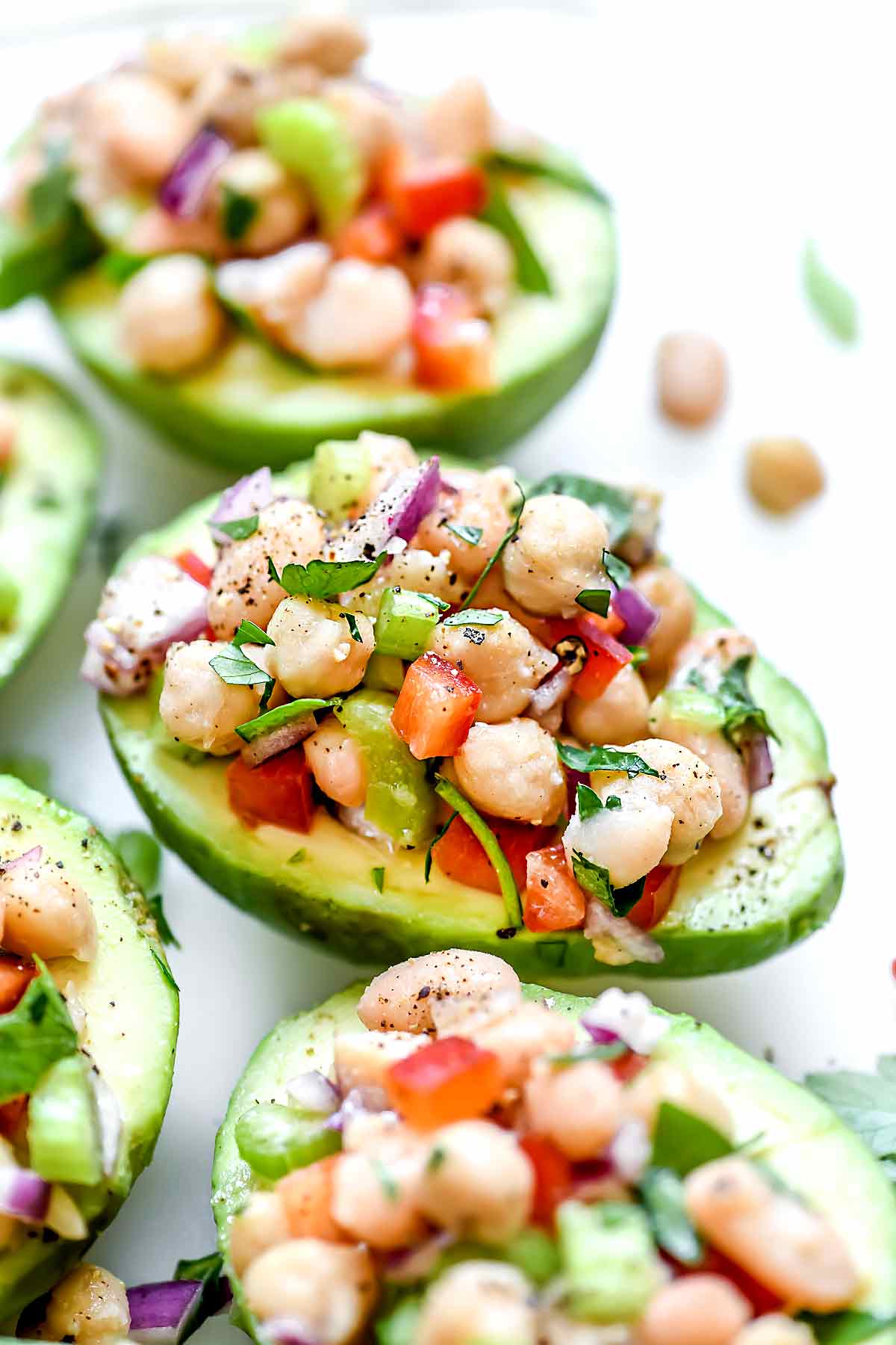 Mediterranean Chickpea Salad Stuffed Avocados | foodiecrush.com #avocados #mediterranean #salad #chickpeas