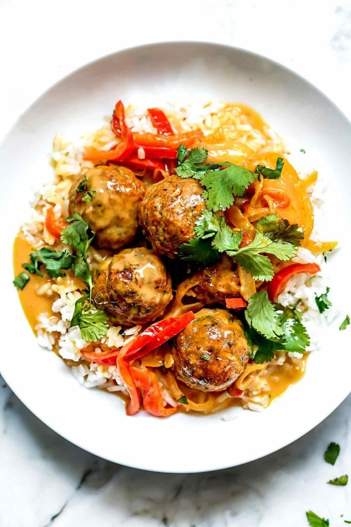 Thai Meatballs In Coconut Curry Sauce | foodiecrush.com #meatballs #turkey #healthy #recipe #curry #coconut #baked #easy #recipes #homemade