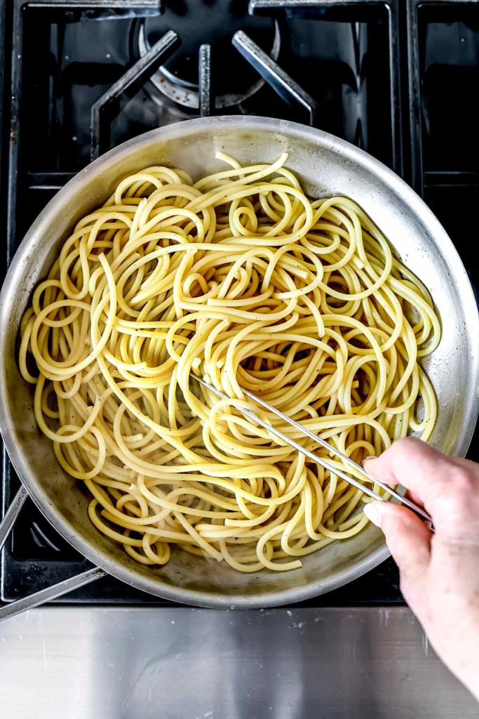 Spaghetti noodles in pan | foodiecrush.com