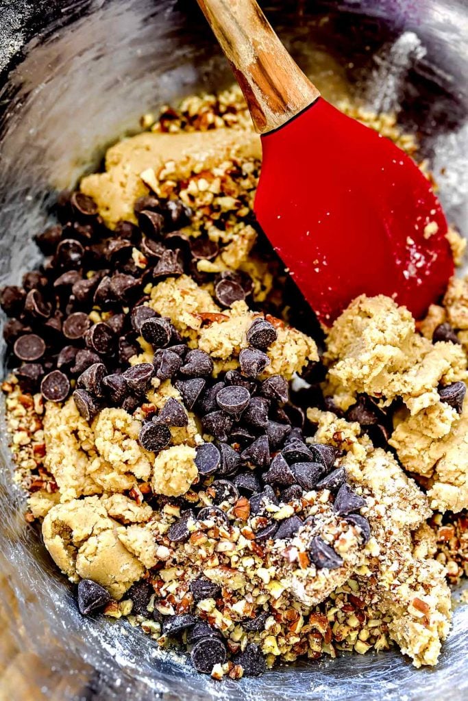Mixing Bowl Chocolate Chip Cookie Bar Batter | foodiecrush.com