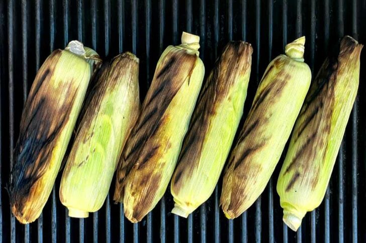 Grilled Corn on the grates in husk foodiecrush.com