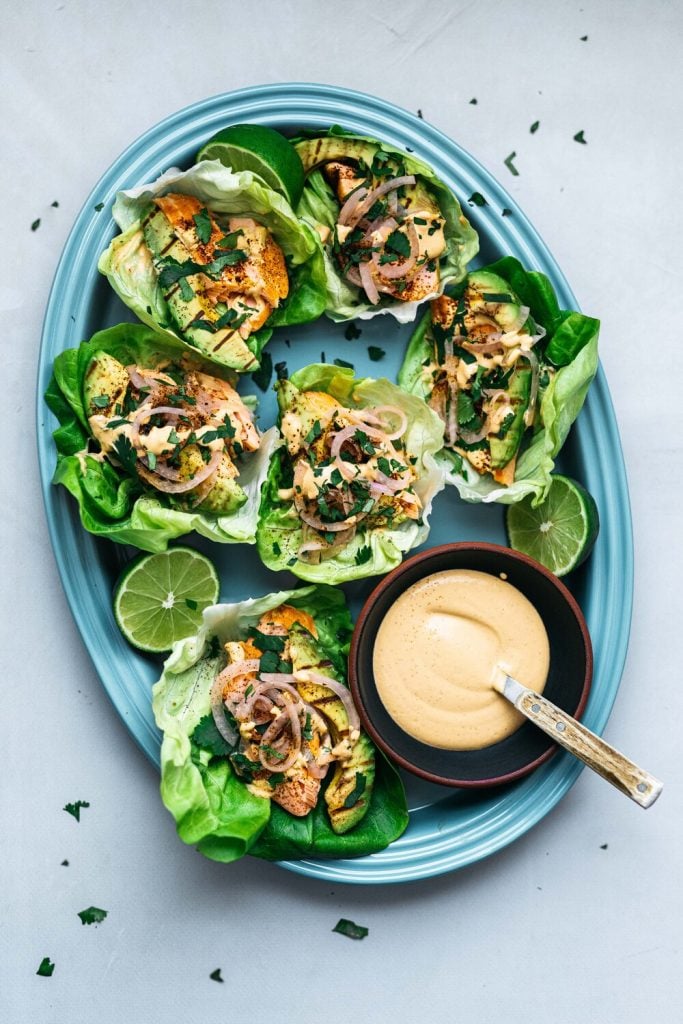Lettuce Taco Cups With Chipotle Spiced Wild Salmon from Dolly + Oatmeal on foodiecrush.com