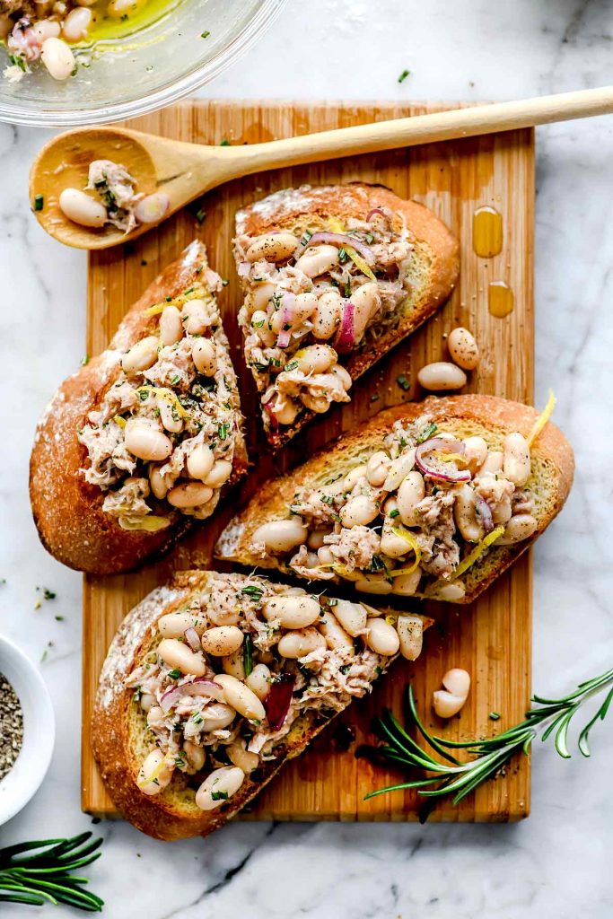 Mediterranean Tuna Toasts on board | foodiecrush.com