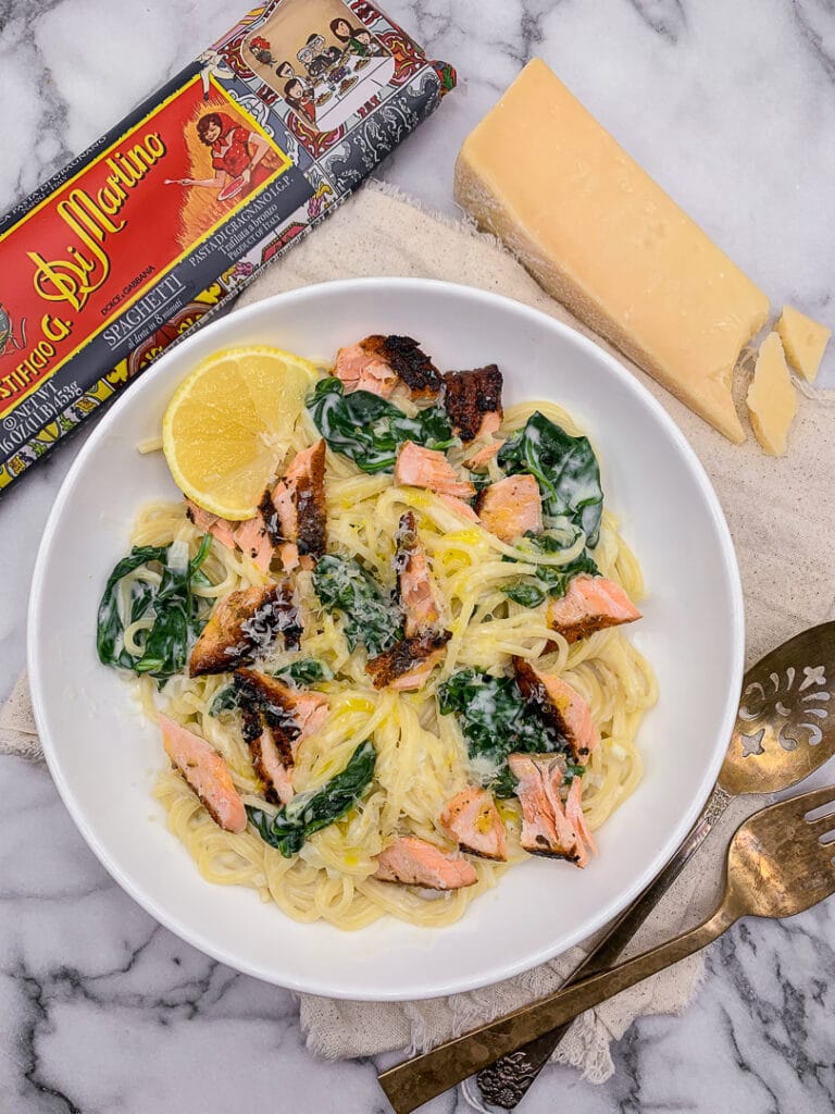 Creamy Lemon Salmon Pasta from Cooking With Books on foodiecrush.com
