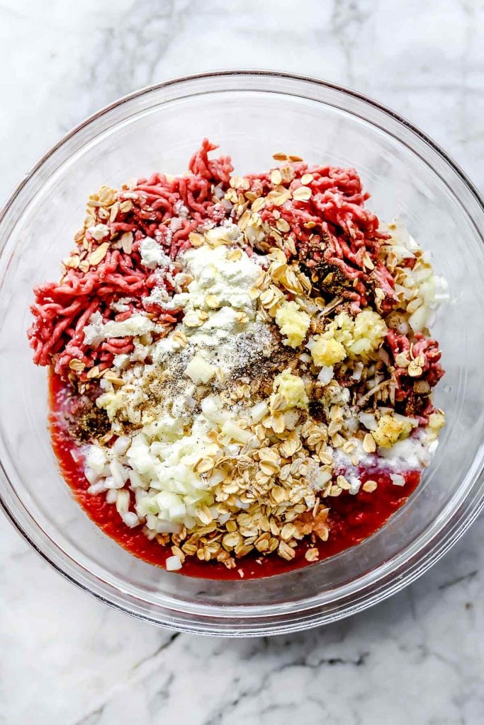 Meatloaf ingredients in bowl foodiecrush.com