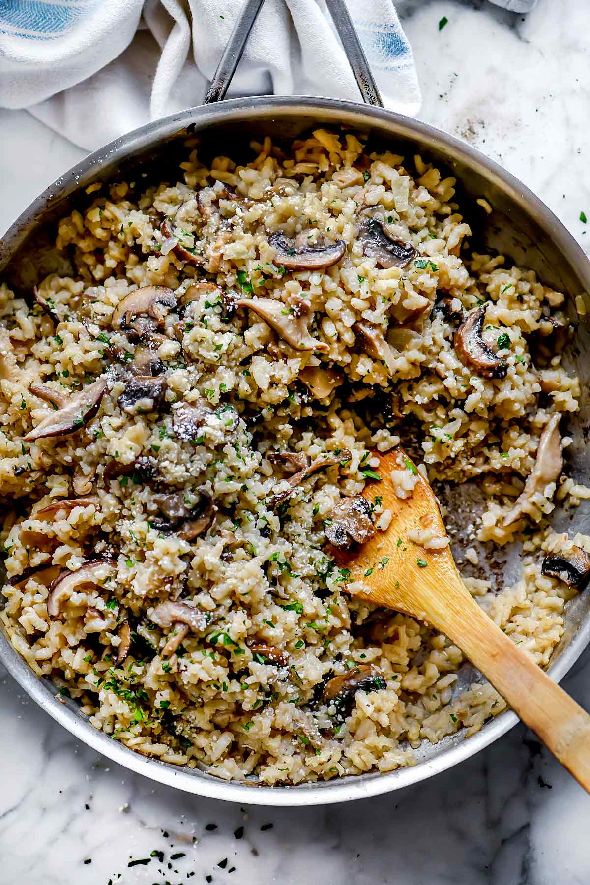 Creamy Mushroom Risotto in pan| foodiecrush.com