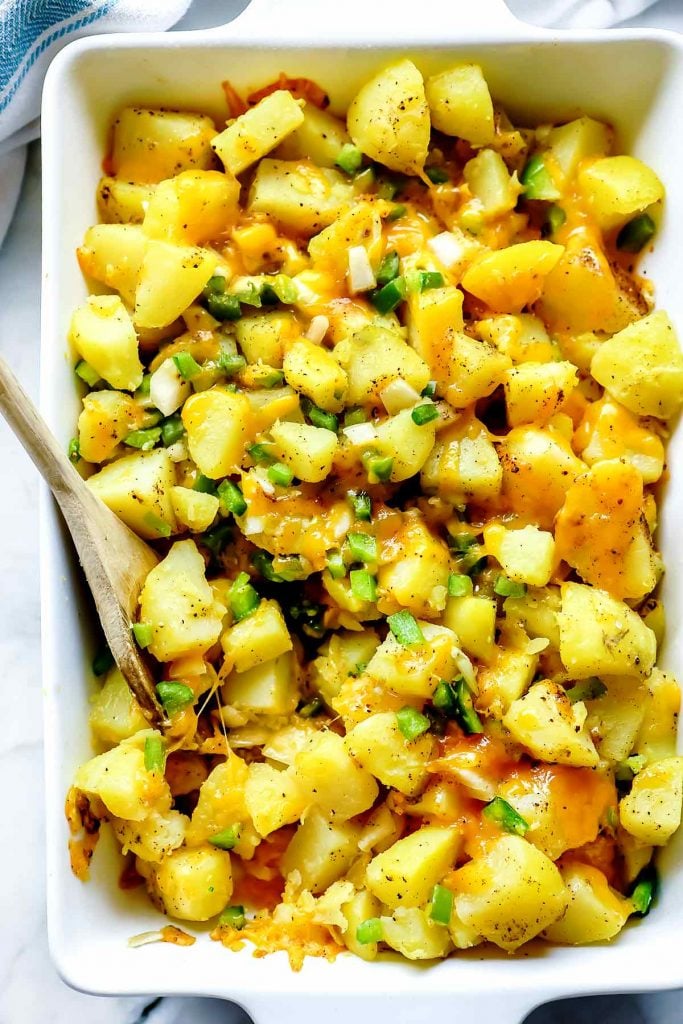 Cheesy Potatoes in pan foodiecrush.com