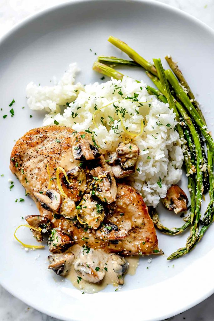 Creamy Lemon Chicken Breasts with Mushrooms with rice foodiecrush.com