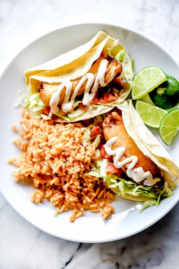 Baja Fish Tacos on plate foodiecrush.com