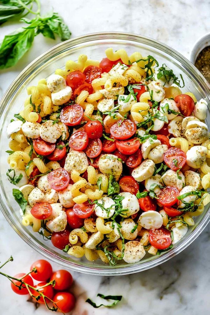 Easy Caprese Pasta Salad in bowl foodiecrush.com