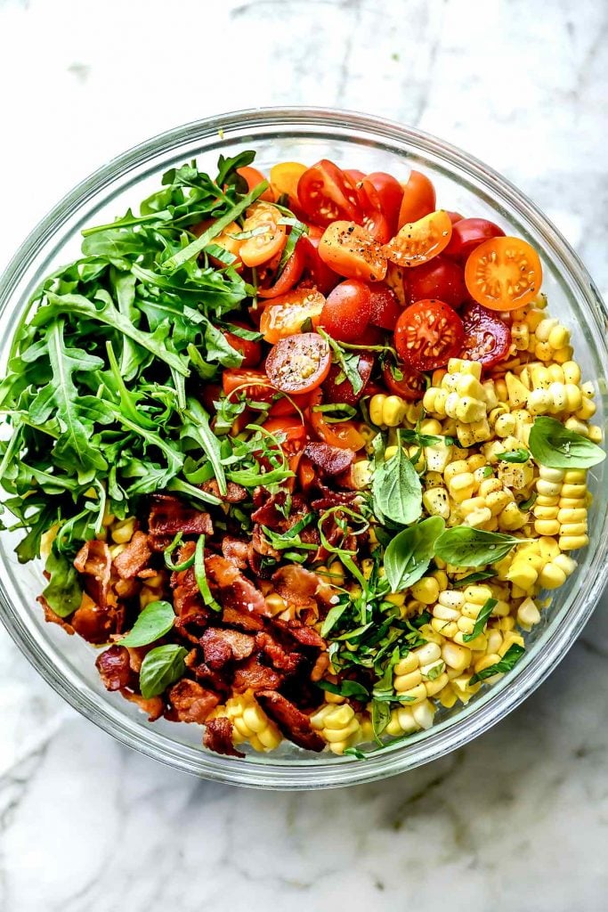 BLT Corn Salad ingredients in bowl | foodiecrush.com