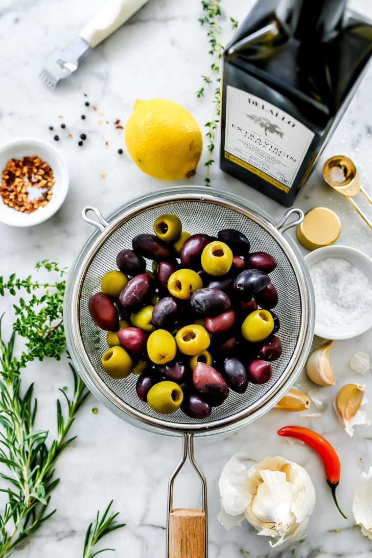 Marinated Olives recipe ingredients foodiecrush.com