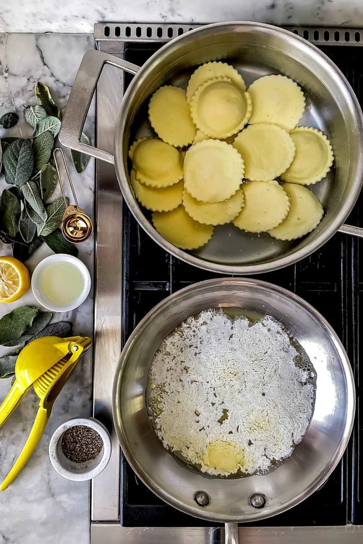 Butter and ravioli on stove foodiecrush.com