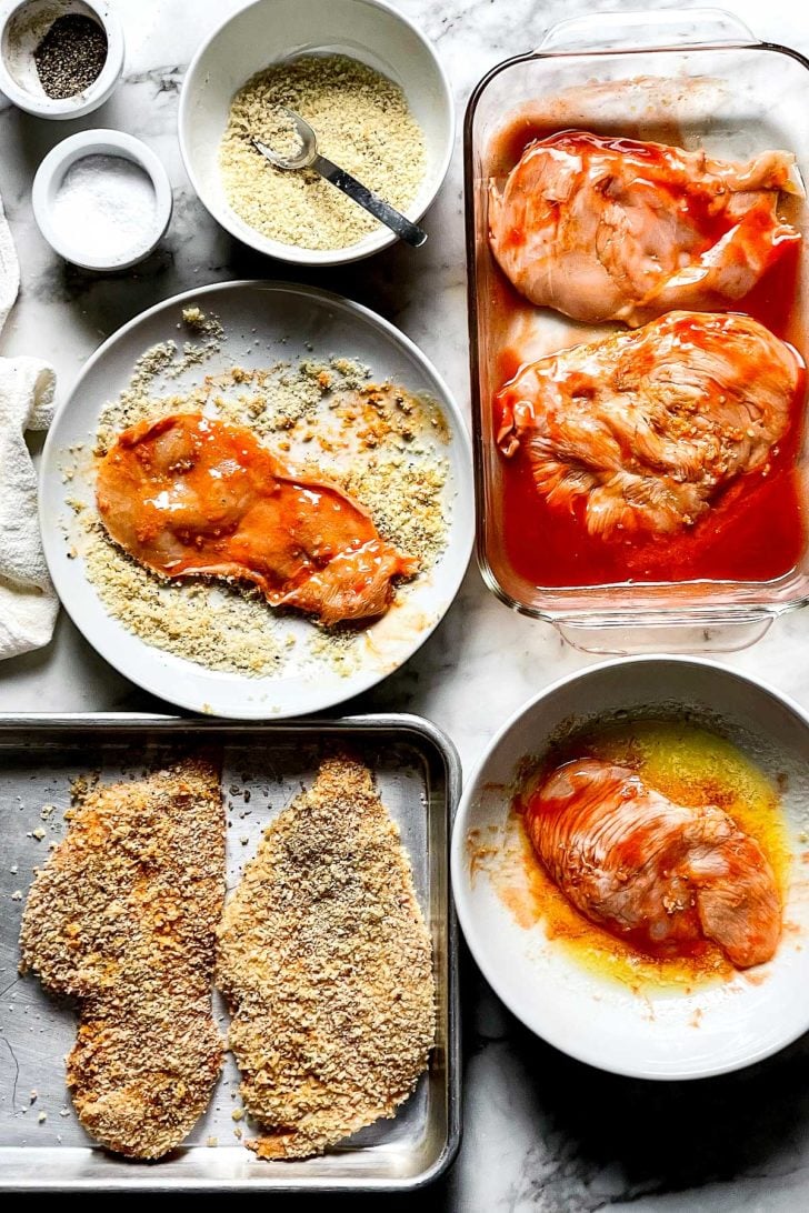 Crispy Baked Buffalo Chicken Breasts 4 Buffalo Chicken Breasts prep dredging foodiecrush.com