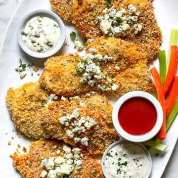 Baked Buffalo Chicken Breasts on platter foodiecrush.com