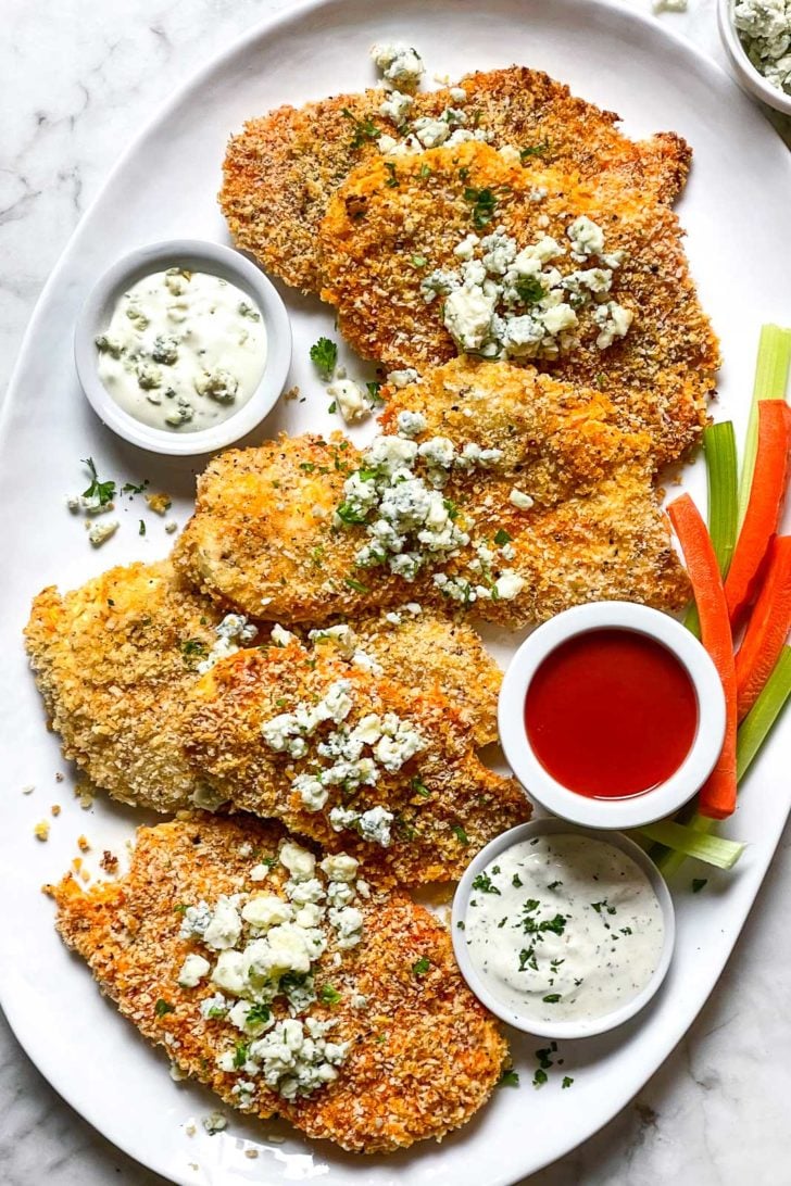 Crispy Baked Buffalo Chicken Breasts 1 Baked Buffalo Chicken Breasts on platter foodiecrush.com