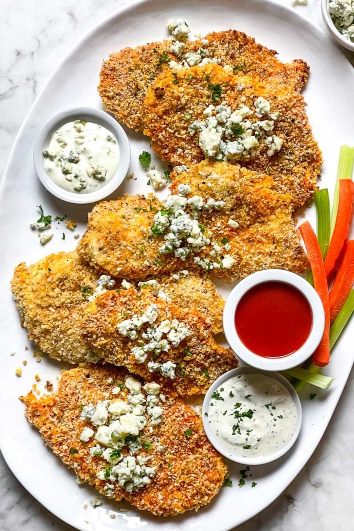 Baked Buffalo Chicken Breasts on platter foodiecrush.com