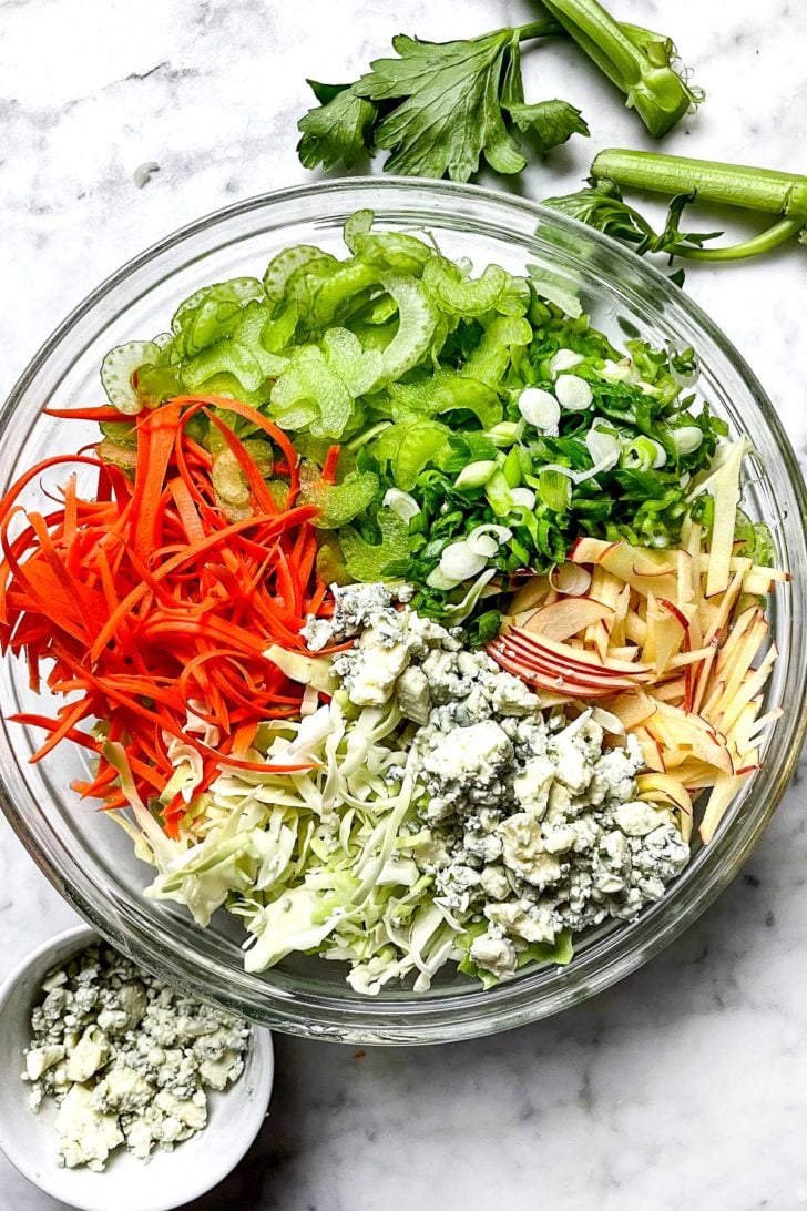 Celery Slaw with Blue Cheese Ingredients in Bowl foodiecrush.com