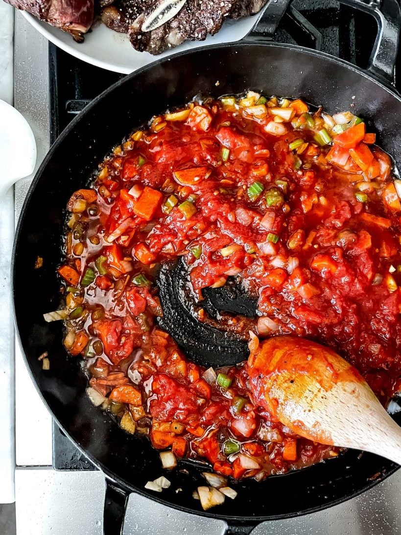 Vegetables and tomato on stove foodiecrush.com