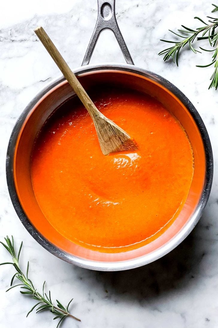 Tomato and Roasted Red Pepper Soup in pot foodiecrush.com