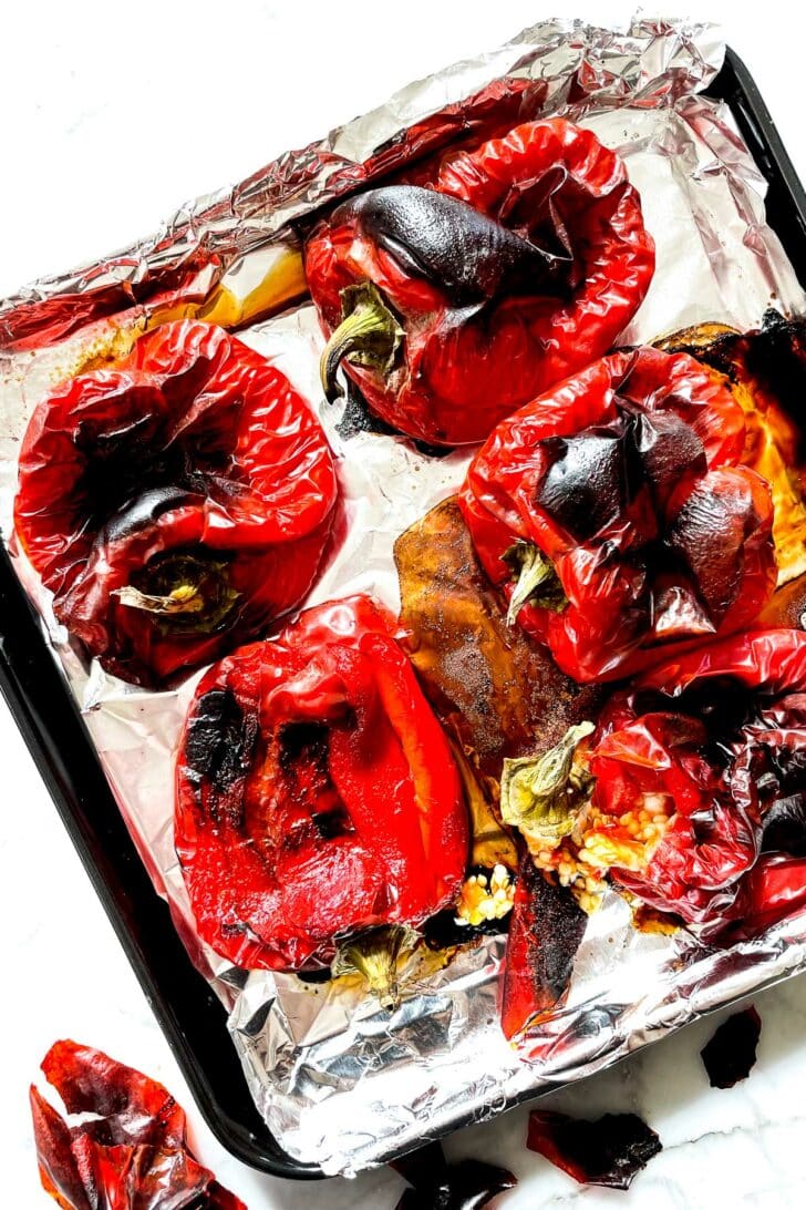 Roasted Red Peppers on baking sheet foodiecrush.com
