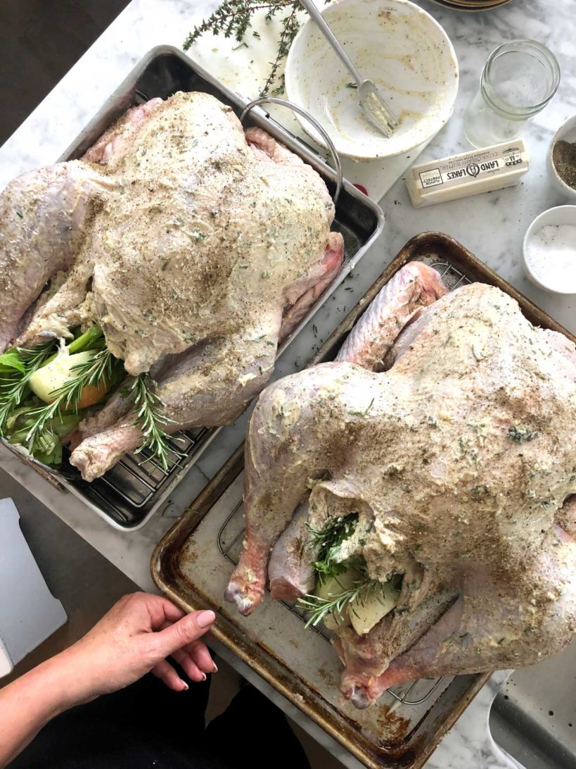 Turkeys going into oven foodiecrush.com