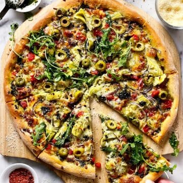 Mediterranean Pizza with slice foodiecrush.com