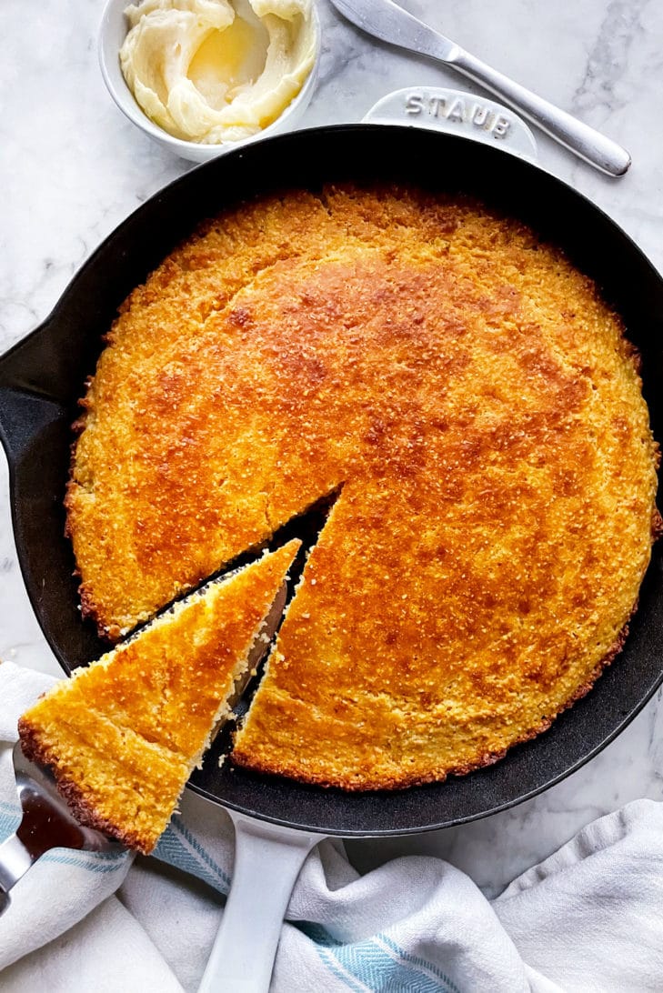 The Best Skillet Cornbread Recipe with slice foodiecrush.com