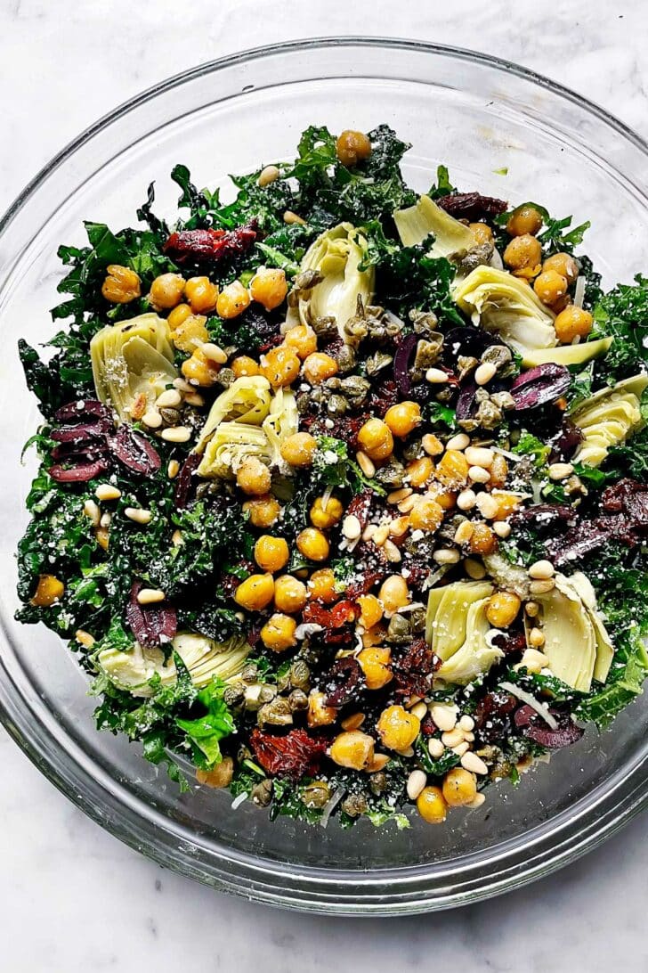 Mediterranean Kale Salad In Bowl foodiecrush.com