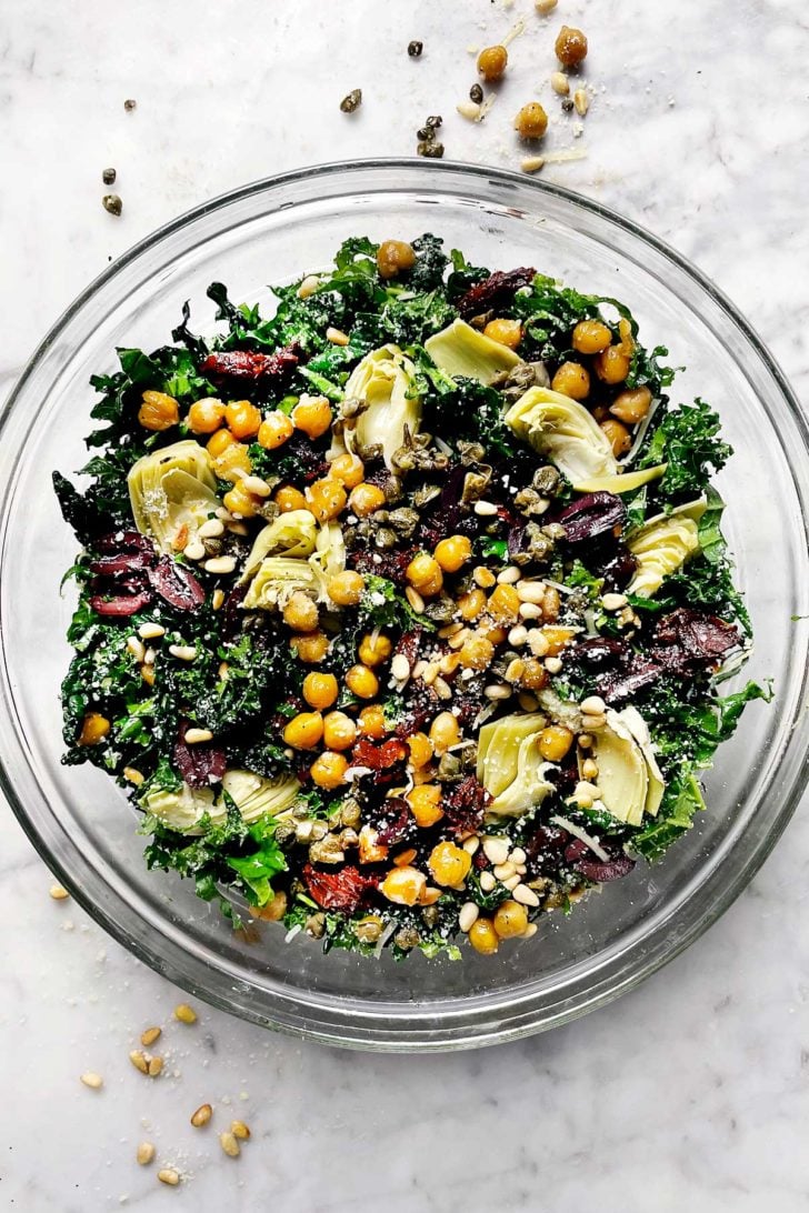 Mediterranean Kale Salad Ingredients In Bowl foodiecrush.com
