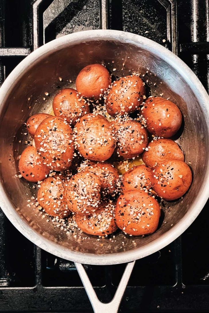 Everything Bagel Seasoning New Potatoes in pot foodiecrush.com