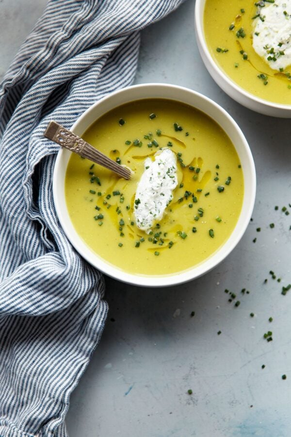 Asparagus Potato Soup with Chive Cream from abeautifulplate.com on foodiecrush.com