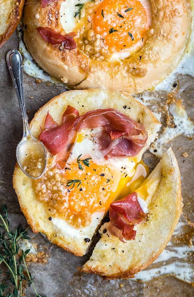 Sheet-Pan Baked Eggs-in-a-Bagel-Hole from supergoldenbakes.com on foodiecrush.com