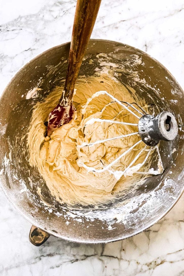 Cream cheese frosting in mixing bowl foodiecrush.com