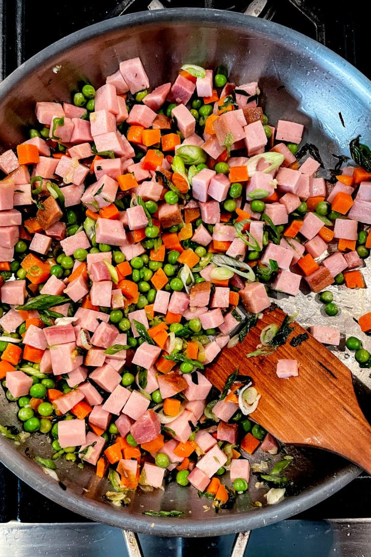 Ham and peas in skillet foodiecrush.com