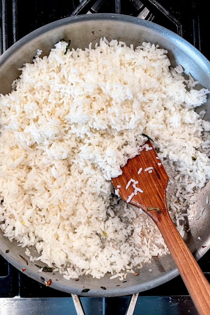 Rice in skillet foodiecrush.com