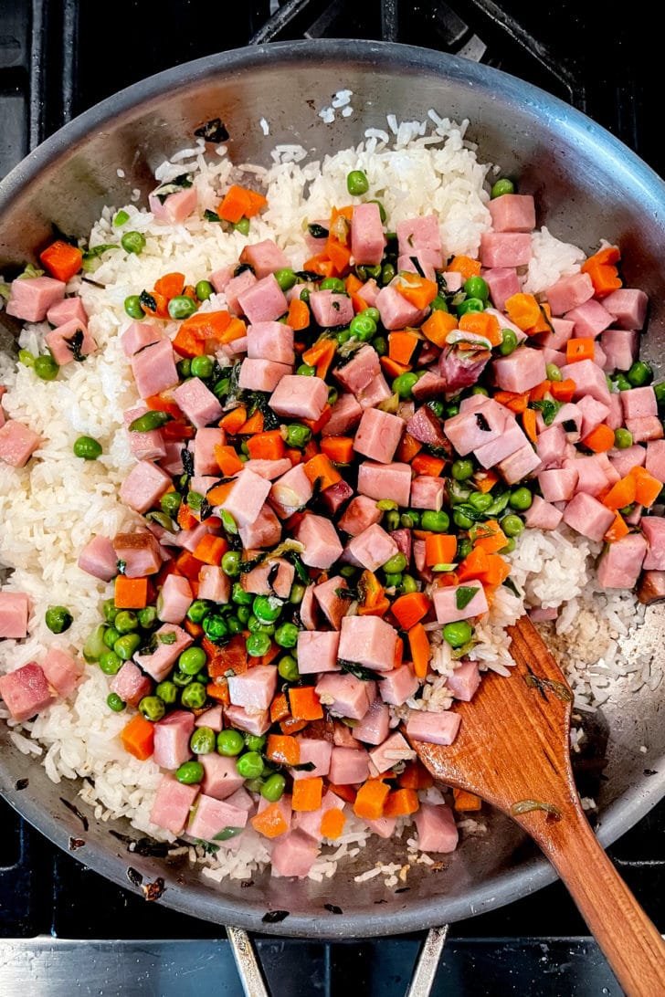 Ham Fried Rice on stove foodiecrush.com