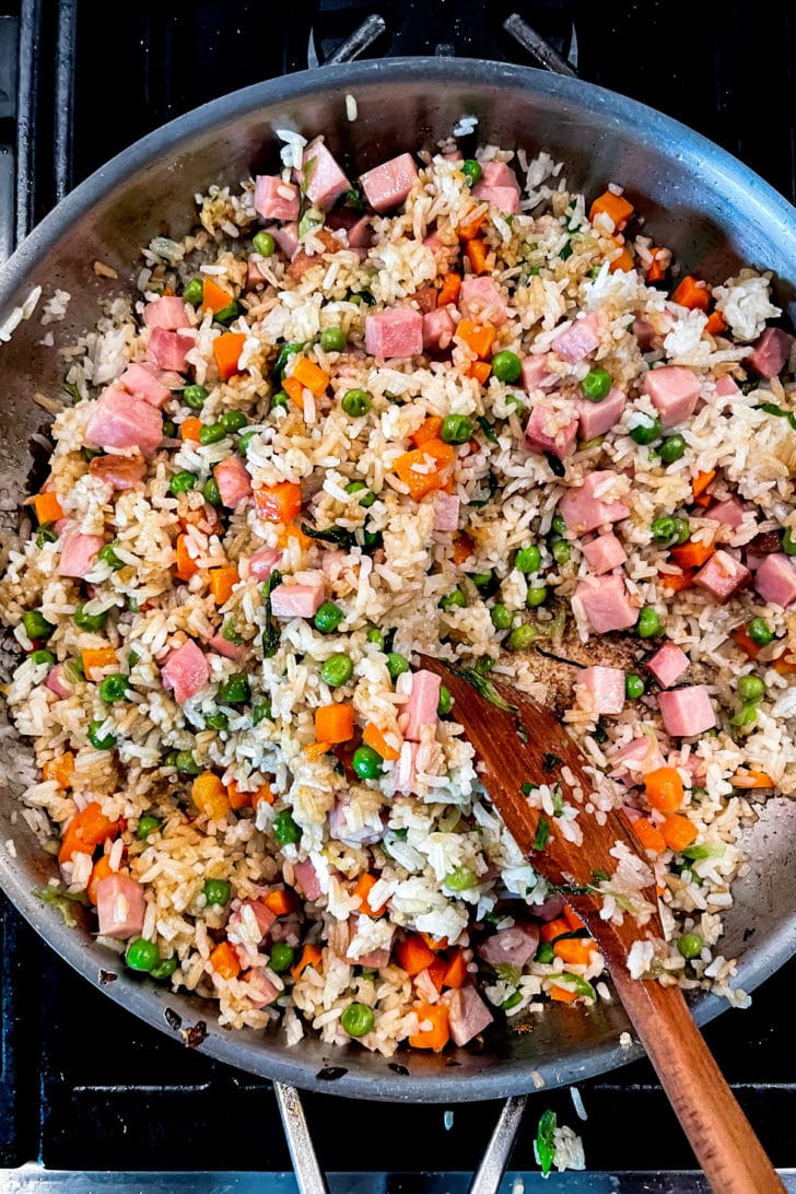 Ham Fried Rice on stove foodiecrush.com