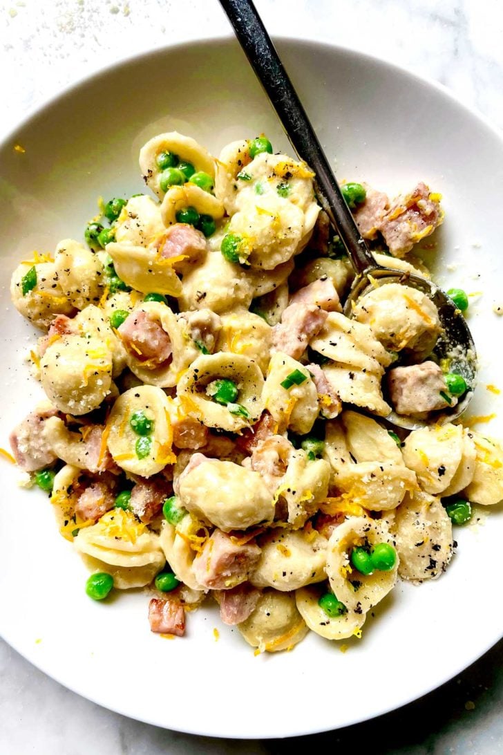 Lemon Pasta with Ham and Peas foodiecrush.com