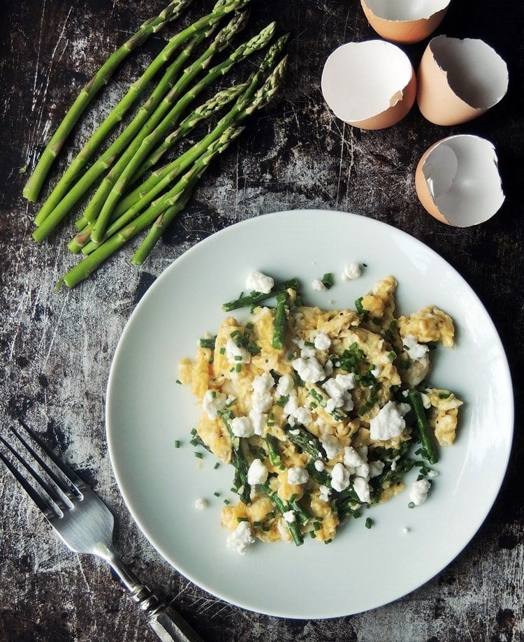 Perfect Scrambled Eggs with Asparagus, Goat Cheese and Chives from bobbiskozykitchen.com on foodiecrush.com