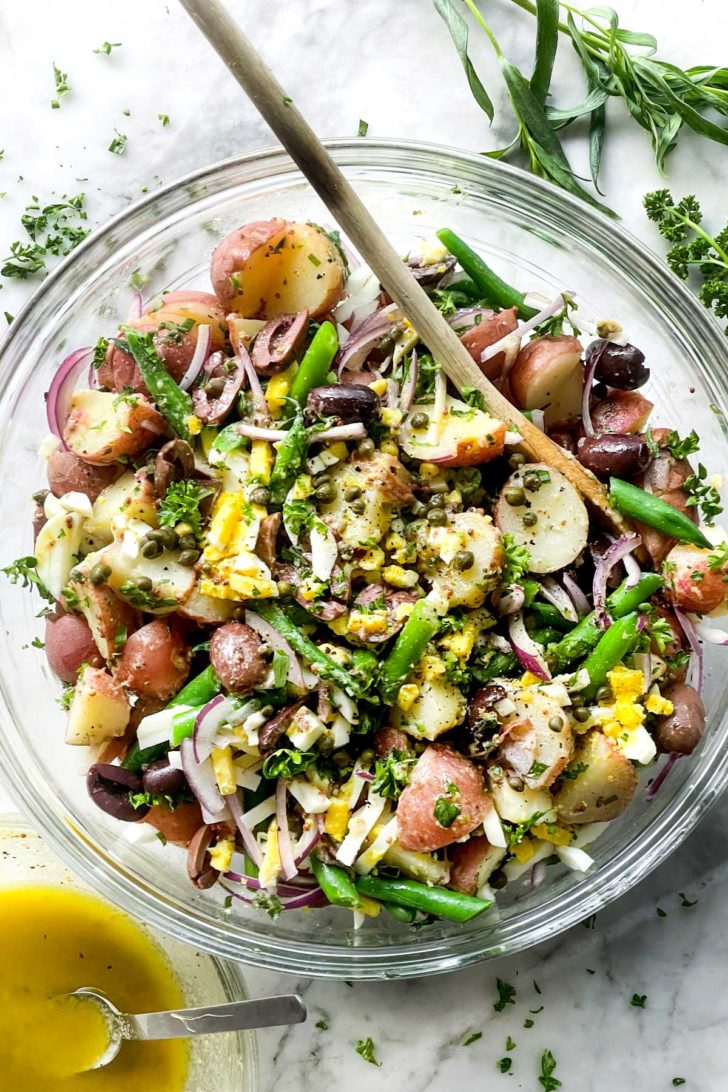 Nicoise Potata Salad ingredients in bowl foodiecrush.com
