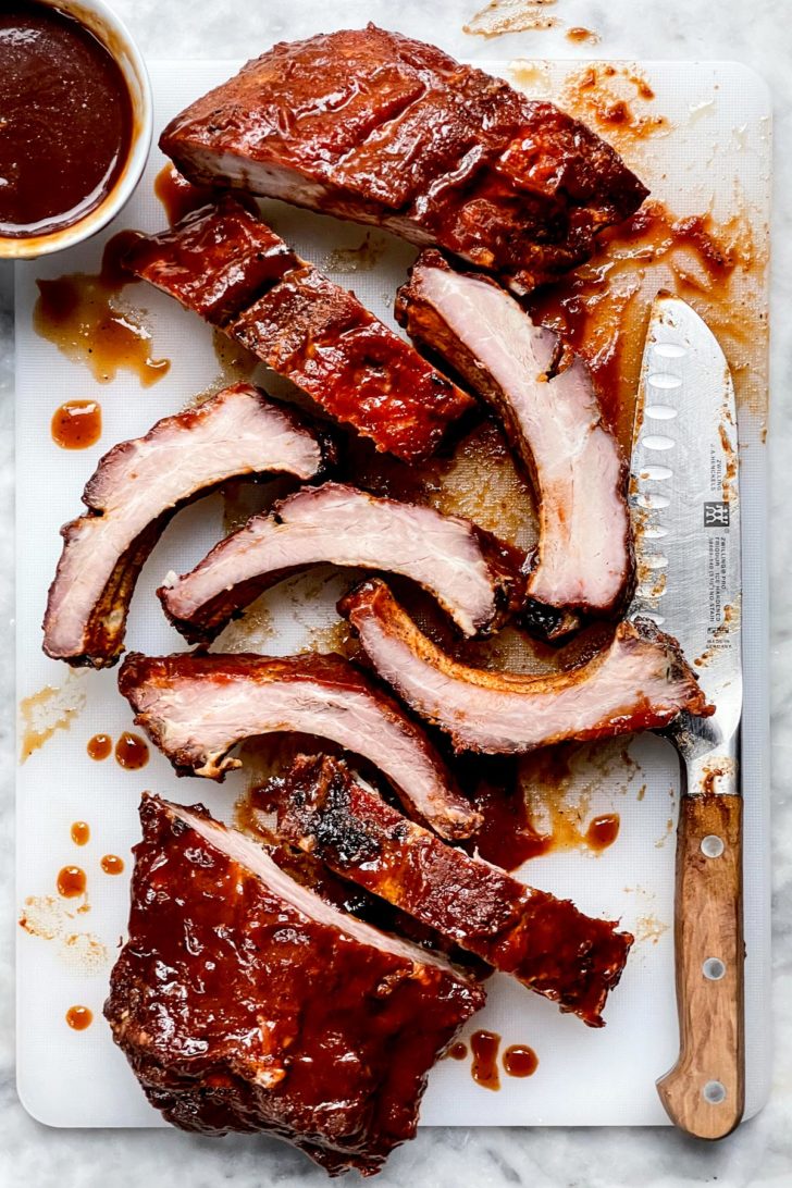 Baby Back Ribs with knife foodiecrush.com