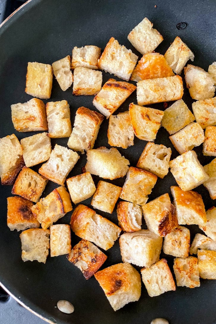 bread cubes in skillet foodiecrush.com