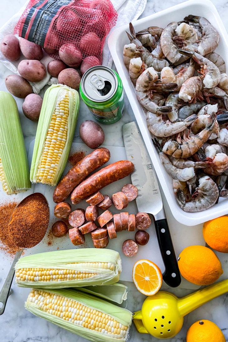 Hot to Make a Shrimp Boil ingredients foodiecrush.com